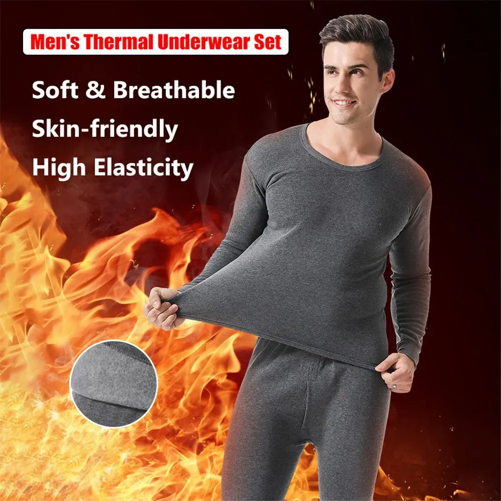 Winter Men Thermal Underwear Set Soft Cotton Fleece-lined Warm Panels Long Johns Top Bottom Set Thermo Clothing Pajamas